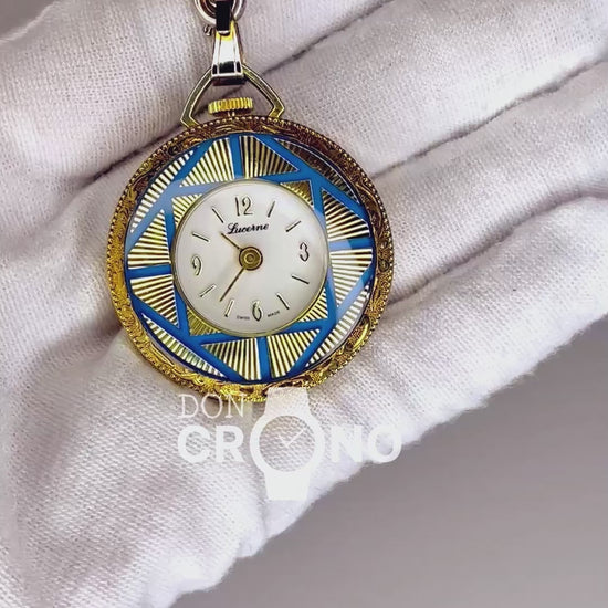 Reloj Colgante A Cuerda Lucerne SUIZO Azul y Dorado Elab. en 1970 Revival Art Déco