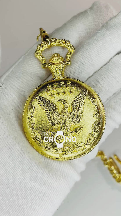 Reloj de Bolsillo Águila Americana 90´s con Cadena y Numeración Romana JAPAN MOV
