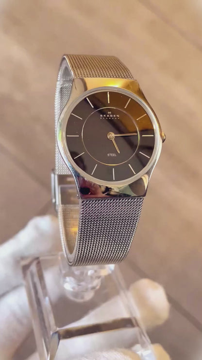 Reloj Skagen Denmark Mujer 2000s Negro Malla Acero Caja Original