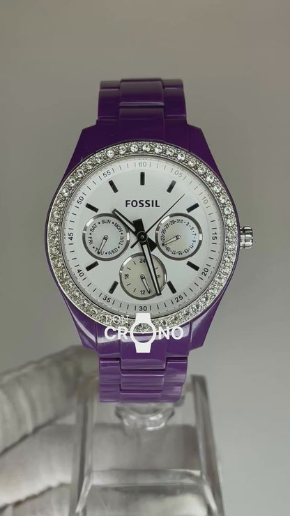 Reloj Fossil Multifunción Mujer Púrpura con Bisel de Pedrería Calendario Año 2010 ESCASO