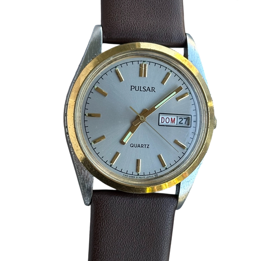 Pulsar by Seiko Hombre Y148-8060 Bisel Dorado Dial Gris Junio 1991