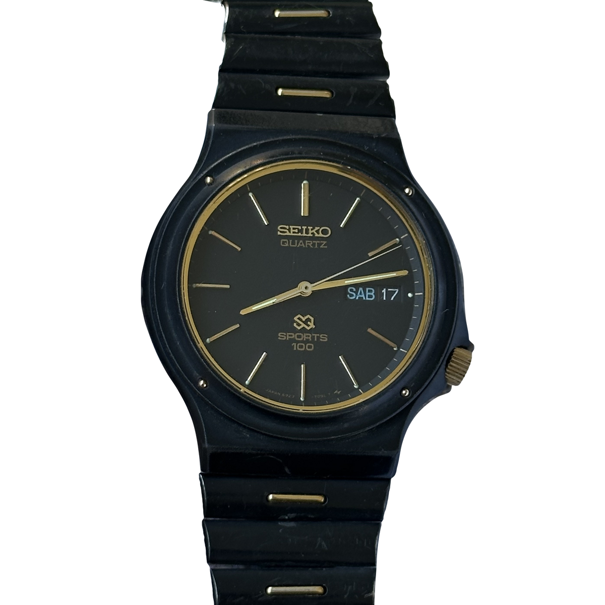 Seiko Hombre SQ Sports 100 6923-7069 Negro Dorado Marzo 1985