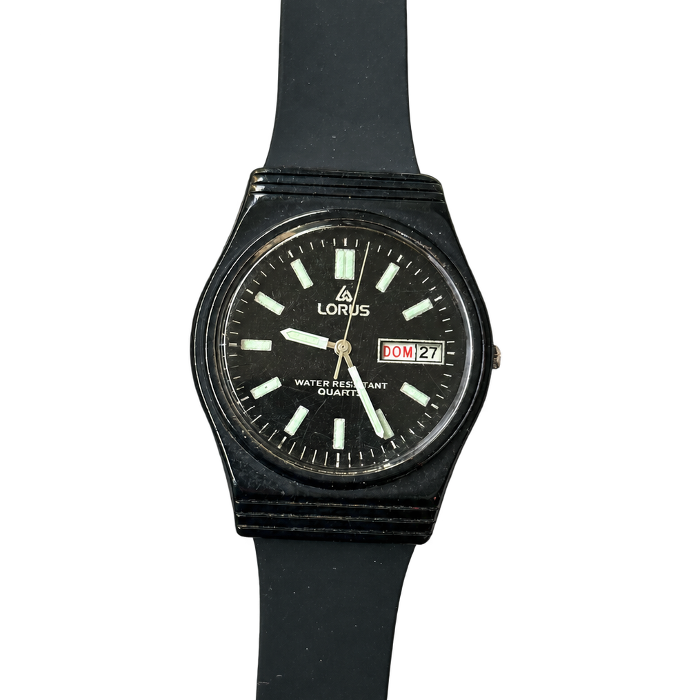 Reloj Lorus by SEIKO Hombre Y143-8090 Negro con Calendario Doble Año 1987 — portada transparente