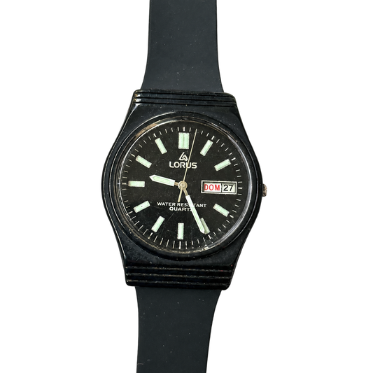Reloj Lorus by SEIKO Hombre Y143-8090 Negro con Calendario Doble Año 1987 — portada transparente