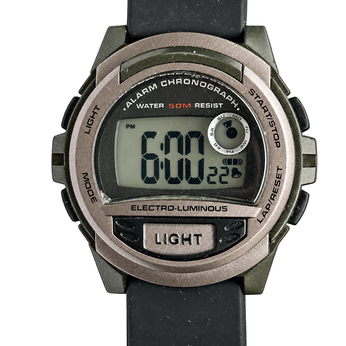 Reloj digital AW49786W con iluminación azul y cronógrafo – Año 2002