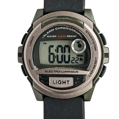 Reloj digital AW49786W con iluminación azul y cronógrafo – Año 2002