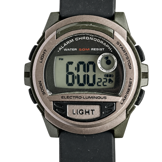 Reloj digital AW49786W con iluminación azul y cronógrafo – Año 2002