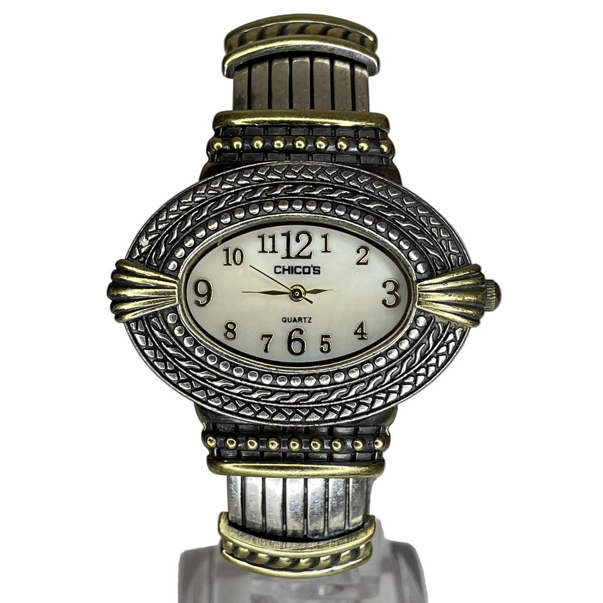 Reloj Joya Chico’s ovalado bicolor / brazalete ornamental Año 2005 Estética Bohemia y Western