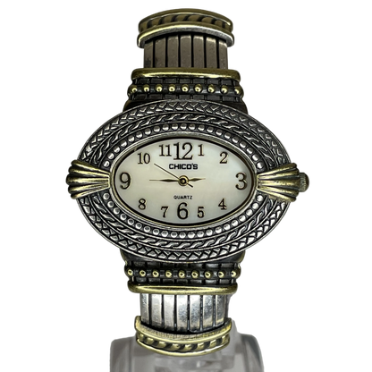 Reloj Joya Chico’s ovalado bicolor / brazalete ornamental Año 2005 Estética Bohemia y Western